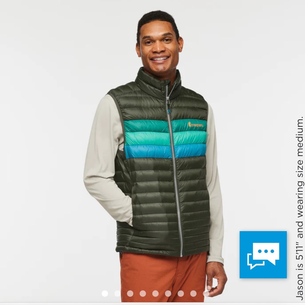 Cotopaxi Fuego Vest 800 fill Down Gilet Spruce Stripes XXL NWT